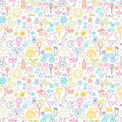 Colored seamless pattern. Hand drawn children drawings. Background for cute little boys and girls. Doodle background