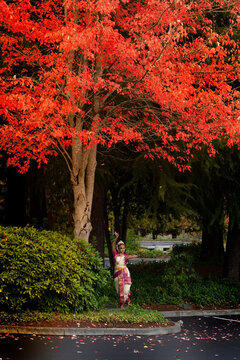 Bharatanatyam dancer outdoor in fall 