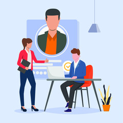 The human resources team is reviewing and discussing prospective new employees of the company through curriculum vitae. HRD. Interview. Human Resource. Curriculum vitae. Review Vector illustration.