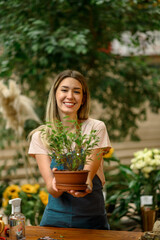 Woman florist taking care of a plant in a flower shop