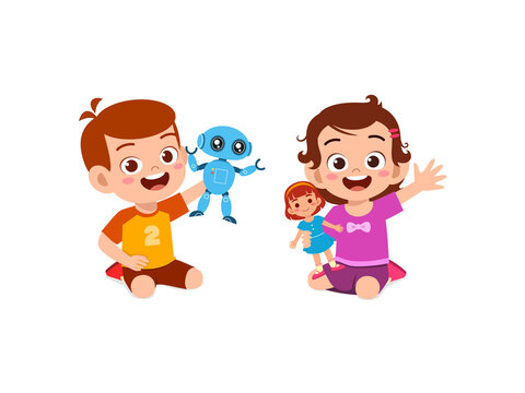 two kids boy and girl play robot and doll together