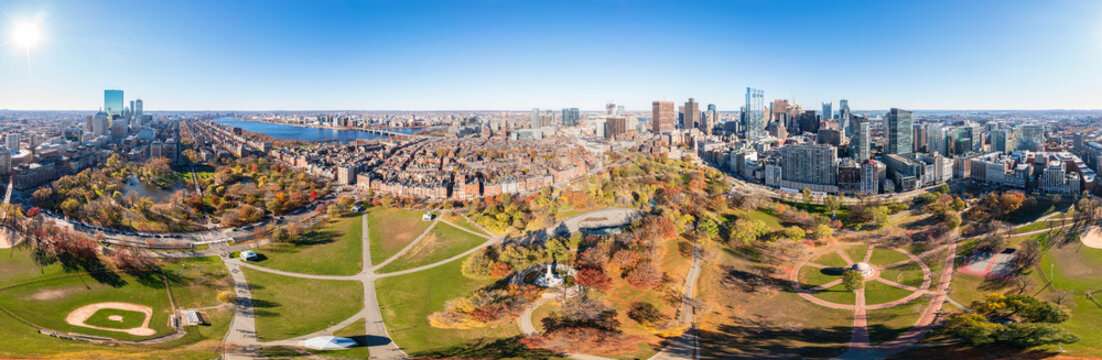 Aerial 360 degrees view of Downtown Boston during the fall