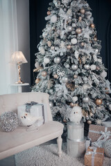 Christmas tree with gift close up. Christmas interior. - 472317505