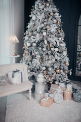Christmas tree with gift close up. Christmas interior. - 472317506