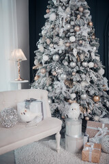 Christmas tree with gift close up. Christmas interior. - 472317507