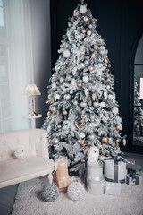 Christmas tree with gift close up. Christmas interior. - 472317508