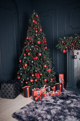 Christmas tree with gift close up. Christmas interior. - 472317509