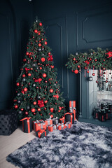 Christmas tree with gift close up. Christmas interior. - 472317510