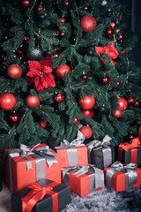 Christmas tree with gift close up. Christmas interior. - 472317511
