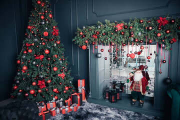 Christmas tree with gift close up. Christmas interior. - 472317512
