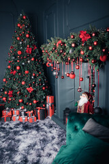 Christmas tree with gift close up. Christmas interior. - 472317514