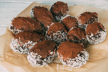 Cake called a potato. Coconut and cocoa cake. Delicious chocolate dessert.