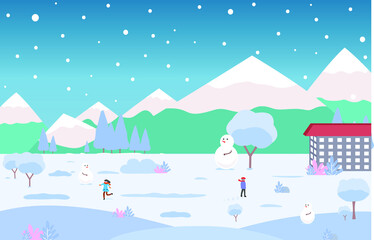Obraz na płótnie Canvas Holiday to the snowy mountains in winter, tree landscape, snowball, resort and blue sky, vector illustration for background and wallpaper