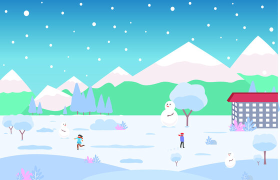 Holiday to the snowy mountains in winter, tree landscape, snowball, resort and blue sky, vector illustration for background and wallpaper © Montpielave