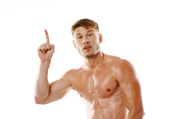 athletic man pumped up press gestures with hands posing fitness