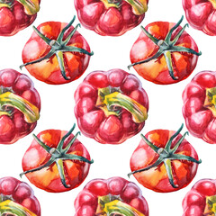 Seamless pattern watercolor red bell pepper and tomato on white background. Hand-drawn sweet food vegetable for cooking book menu. Clipart creative spicy paprika for cafe wrapping sketchbook