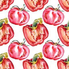 Seamless pattern watercolor red bell pepper and tomato on white background. Hand-drawn sweet food vegetable for cooking book menu. Art creative spicy paprika for cafe wrapping sketchbook card