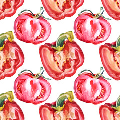 Seamless pattern watercolor red bell pepper and tomato on white background. Hand-drawn sweet food vegetable for cooking book menu. Art creative spicy paprika for cafe wrapping sketchbook card