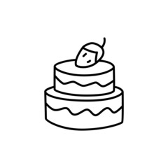 Cake dessert strawberry icon symbol in flat black line style, isolated on white background
