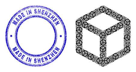 Vector cube ribs icon composition is composed with repeating recursive cube ribs icons. Made in Shenzhen unclean blue round seal. Recursive composition from cube ribs icon.
