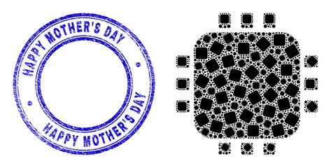 Vector processor icon mosaic is composed from repeating self processor parts. Happy Mother'S Day dirty blue round watermark. Fractal collage from processor icon.