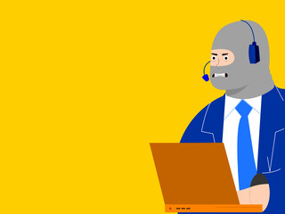 Man with a gray mask or masked man dressed in a blue suit, is sitting in front of his laptop with the intention of coneter an internet crime