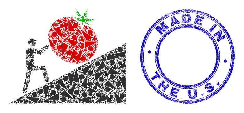 Vector Man Rolling Tomato Up Icon Collage Is Formed Of Repeating Recursive Man Rolling Tomato Up Icons. Made In The U.S. Scratched Blue Round Stamp Seal.