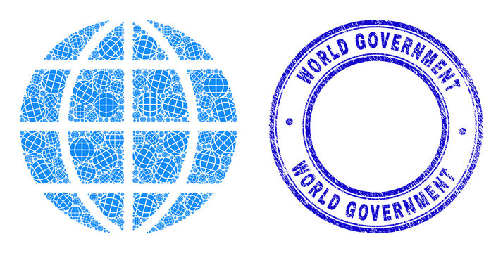 Vector globe icon mosaic is done of randomized self globe parts. World Government grunge blue round stamp seal. Recursive combination of globe icon.