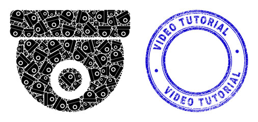 Vector CCTV camera icon composition is made of random recursive CCTV camera parts. Video Tutorial grunge blue round stamp seal. Recursion composition of CCTV camera icon.