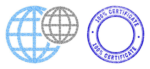 Vector space globes icon composition is made with randomized recursive space globes parts. 100% Certificate corroded blue round stamp seal. Recursion combination for space globes icon.