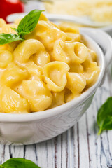 Parmesan Mac and Cheese on White Wooden Background. Selective focus.