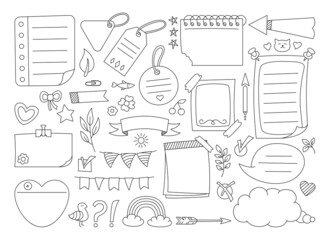 Sketch sticky notebook note paper doodle set. Notes with elements planning, speech bubble frame. Blank graphic notepad or label tag. Organized business or education planner, bookmark memory diary page © neliakott