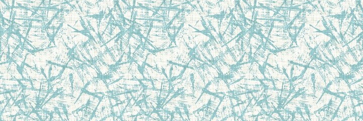 Aegean teal streaked border strip linen texture background. Coastal summer style home decor fabric effect. Sea green wash grunge edge material. Decorative textile mottle seamless pattern banner. 