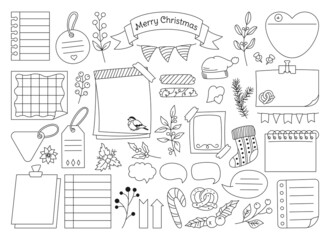 Christmas memo sketch notebook doodle set. Xmas memory diary page notes frame, sticker holly santa hat, sock, lollipop, garland. Happy New Year notepad, label tag. Drawing education planner, bookmark