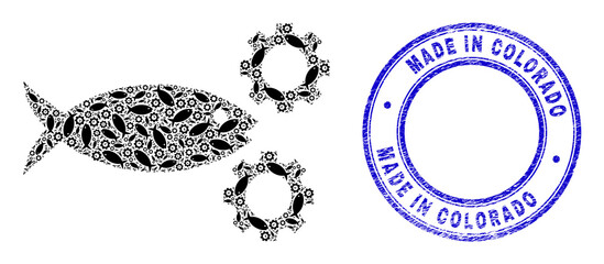 Vector fish processing gears icon collage is organized with random self fish processing gears icons. Made in Colorado corroded blue round stamp seal. Recursive collage for fish processing gears icon.