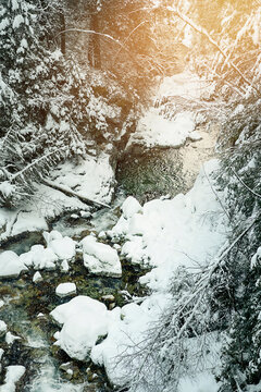 Mountain river. Nature in the mountains. Winter