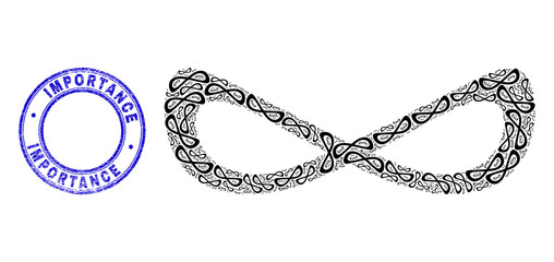 Vector distorted infinity icon mosaic is organized of random recursive distorted infinity items. Importance grunge blue round seal imitation. Fractal composition of distorted infinity icon.