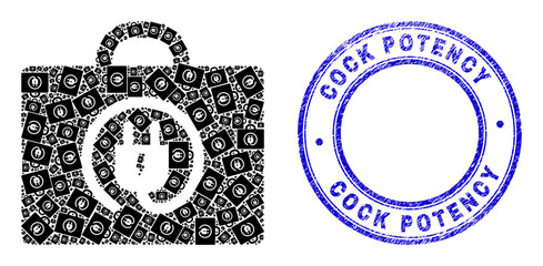 Vector electric plug box icon collage is designed of scattered recursive electric plug box pictograms. Cock Potency dirty blue round seal print. Fractal collage for electric plug box icon.