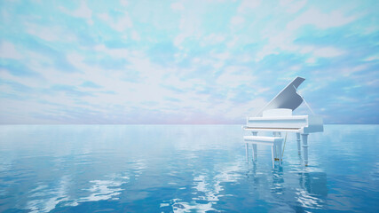 Surreal sea scene with white piano on the water at dusk. 3d illustration. © AGCuesta