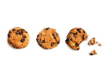Tasty chocolate chips cookies on white background