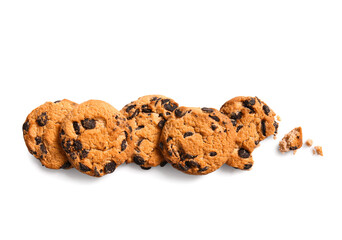 Tasty chocolate chips cookies on white background