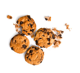 Tasty chocolate chips cookies on white background