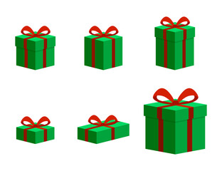 Conjunto de icono de cajas de regalo de navidad. Cajas verdes de regalo de diferentes formas y tamaños. Concepto de navidad, fiesta y sorpresa. Ilustración vectorial