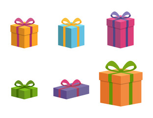 Obraz premium Conjunto de icono de cajas de regalo coloridos. Cajas de colores de regalo de diferentes formas y tamaños. Concepto de fiesta y sorpresa. Ilustración vectorial