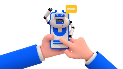 Chatbot concept. Cartoon human hand holding smartphone with chatbot. 3d render illustration on white background