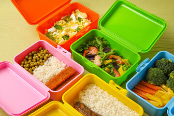 Many containers with healthy food on color wooden table, closeup
