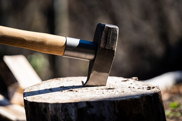 薪割りと斧　斧のアップ