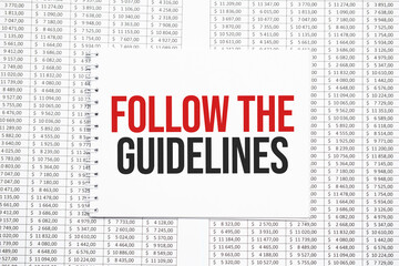 FOLLOW THE GUIDELINES text on paper with calculator,magnifier ,pen on the graph background