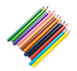 Many color pencils on white background