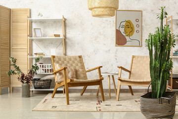Interior of stylish living room with cactus
